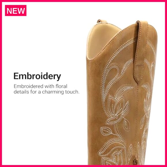 Women's Knee High Cowboy Boots Chunky Heel Square Toe Embroidered Western - Picture 6 of 8